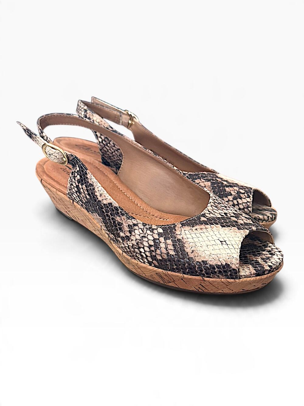 Clarks Artisan Snake Print Peep Toe Slingback Wedges Size 5.5 M
